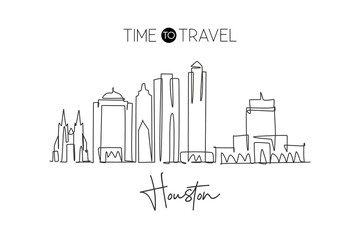 Obraz premium Single continuous line drawing of Houston city skyline, USA. Famous city scraper and landscape. World travel concept home wall decor poster print art. Modern one line draw design vector illustration
