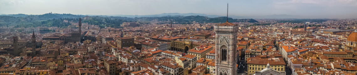 ultra wide panoramic view of Florence with many monuments in background