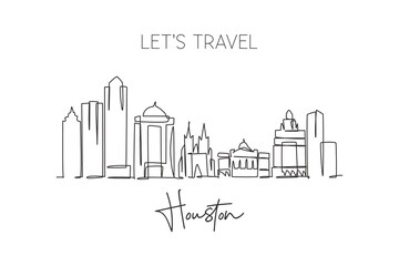 Fototapeta premium One single line drawing of Houston city skyline, United States. Historical town landscape in the world. Best holiday destination. Editable stroke trendy continuous line draw design vector illustration