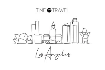 Fototapeta na wymiar Single continuous line drawing of Los Angeles city skyline, United States. Famous city landscape. World travel concept home wall decor poster print art. Modern one line draw design vector illustration