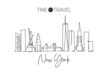 Single continuous line drawing of New York city skyline, USA. Famous city scraper and landscape. World travel concept home wall decor poster print art. Modern one line draw design vector illustration