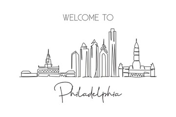 One continuous line drawing of Philadelphia city skyline, United States. Beautiful landmark. World city landscape travel vacation. Editable stylish stroke single line draw design vector illustration