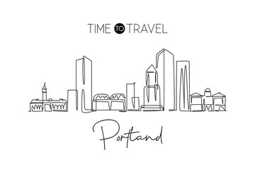 Fototapeta na wymiar One single line drawing of Portland city skyline United States. Historical town landscape in the world. Best holiday destination. Editable stroke trendy continuous line draw design vector illustration