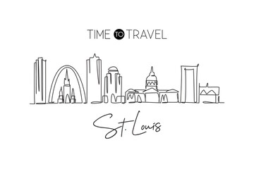 One continuous line drawing of St. Louis city skyline, USA. Beautiful landmark. World landscape tourism travel vacation wall decor art poster print. Stylish single line draw design vector illustration