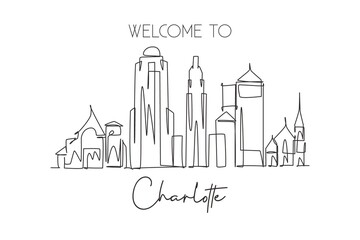 One continuous line drawing Charlotte city skyline United State. Beautiful landmark. World landscape tourism travel vacation poster. Editable stylish stroke single line draw design vector illustration
