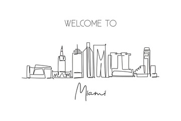 Obraz premium One single line drawing Miami city skyline, United States. Historical town landscape. Best holiday destination home wall decor poster print art. Trendy continuous line draw design vector illustration
