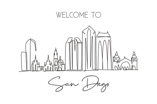 Single continuous line drawing of San Diego city skyline, USA. Famous city scraper and landscape. World travel concept home wall decor poster print art. Modern one line draw design vector illustration