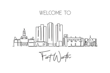 Fototapeta na wymiar Single continuous line drawing of Fort Worth city skyline, United States of America. Famous landscape. World travel concept wall decor poster print art. Modern one line draw design vector illustration