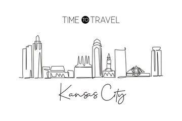 One continuous line drawing of Kansas city skyline, USA. Beautiful landmark. World landscape tourism travel vacation poster print. Editable stylish stroke single line draw design vector illustration