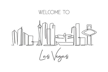 Single continuous line drawing of Las Vegas city skyline, USA. Famous city scraper and landscape. World travel concept poster print art. Editable stroke modern one line draw design vector illustration