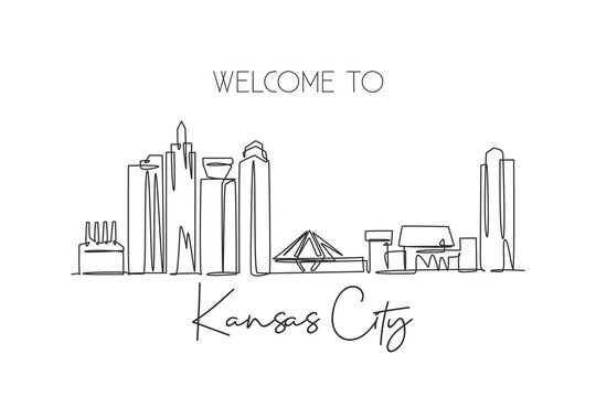 One single line drawing of Kansas city skyline, United States. Historical town landscape. Best holiday destination wall decor poster print art. Trendy continuous line draw design vector illustration