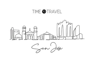 One single line drawing of San Jose city skyline, California. Historical town landscape in the world. Best holiday destination. Editable stroke trendy continuous line draw design vector illustration