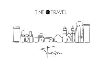 Fototapeta premium One single line drawing of Tucson city skyline, Arizona. Historical town landscape in the world. Best holiday destination poster. Editable stroke trendy continuous line draw design vector illustration