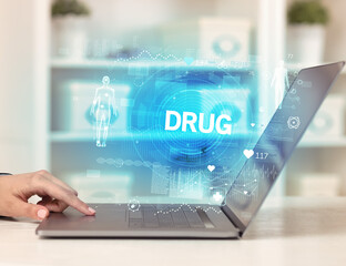 Doctor working a health check with DRUG inscription, recording medical test results