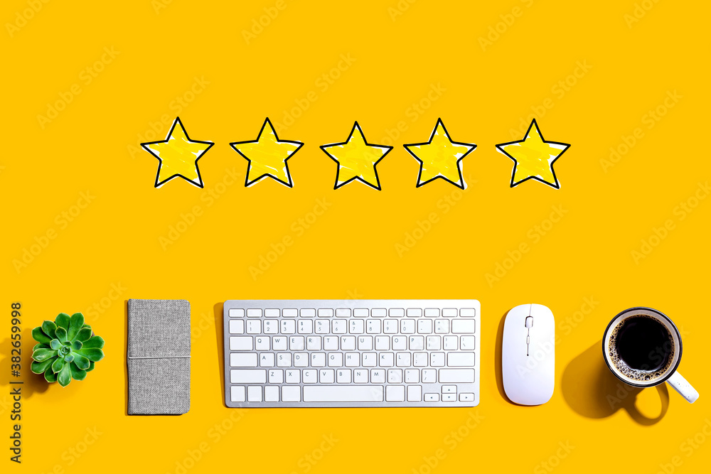 Poster five star rating with a computer keyboard and a mouse