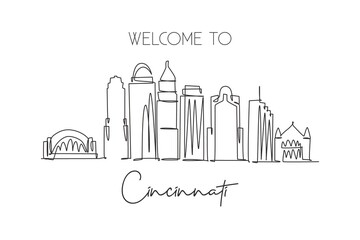 One single line drawing of Cincinnati city skyline, Ohio. Historical town landscape. Best holiday destination home wall decor art poster print. Trendy continuous line draw design vector illustration