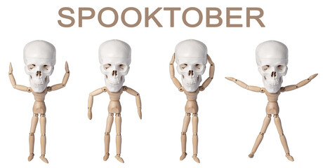 Set of wooden men with a skull instead of a head in different poses isolated on a white background. Spooktober concept, halloween celebration. Replaced body with skeleton - scary Halloween theme.