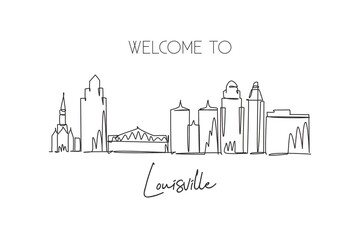 Single continuous line drawing Louisville city skyline, Kentucky. Famous city scraper and landscape. World travel concept home wall decor poster print. Modern one line draw design vector illustration - obrazy, fototapety, plakaty