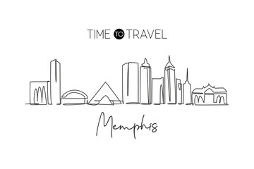 One single line drawing of Memphis city skyline, Tennessee. Historical town landscape. Best holiday destination home wall decor art poster print. Trendy continuous line draw design vector illustration