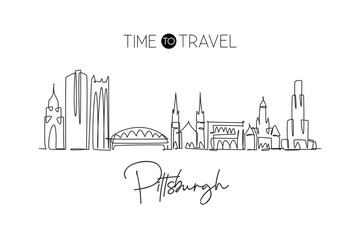 Fototapeta na wymiar Single continuous line drawing of Pittsburgh city skyline, Pennsylvania. Famous city landscape. World travel concept home wall decor print poster art. Modern one line draw design vector illustration