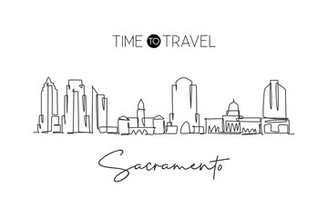 Fototapeta premium Single continuous line drawing of Sacramento city skyline, California. Famous city landscape. World travel concept home wall decor poster print art. Modern one line draw design vector illustration