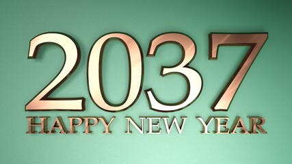 2037 Happy New Year copper write on green background - 3D rendering illustration