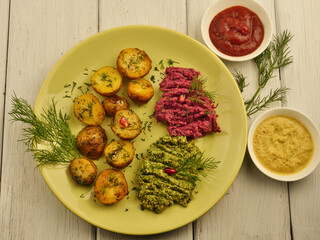 Georgian cuisine. Rustic fried potatoes with vegetables.