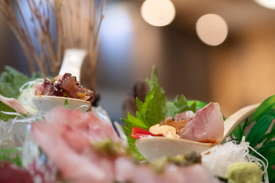 Omakase fish sashimi premium set serve on ice. Japanese food style