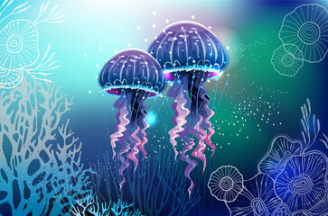 Naklejki  Żywa neonowa ilustracja meduzy