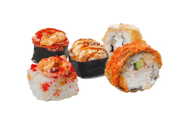 Sushi rolls set isolated on white background side view