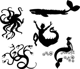 Set of black silhouettes of sea mythological creatures: hydra, kraken, mermaid, echeneis