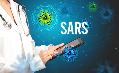 doctor prescribes a prescription with SARS inscription, pandemic concept