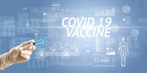 Fototapeta na wymiar Syringe needle with virus vaccine and COVID 19 VACCINE inscription, antidote concept