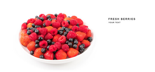 Strawberries, raspberries, currants on a white background with a place to copy. Berry background, panorama. The concept of natural products.