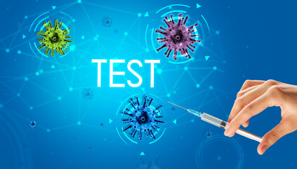 Syringe, medical injection in hand with TEST inscription, coronavirus vaccine concept
