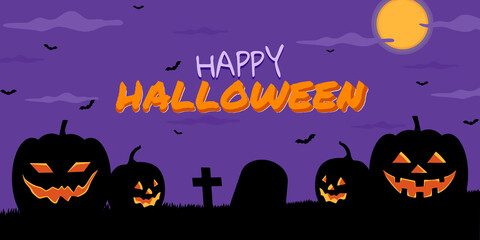 Halloween pumpkins silhouette, bats and full moon on violet background. Halloween landscape. illustration
