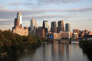 View of Philadelphia Skyline over Schuylkill River under sunset in Philadelphia  Pennsylvania, USA 