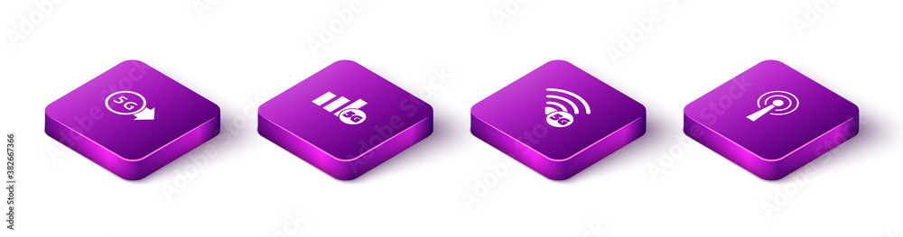 Sticker Set Isometric 5G network, , and Antenna icon. Vector illustration