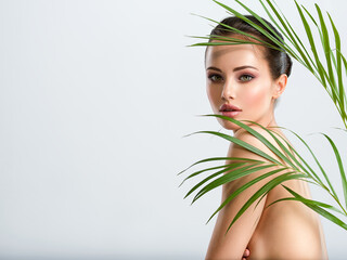 Young beautiful woman with healthy skin of body and palm leaves. Tanned body of an attractive white...