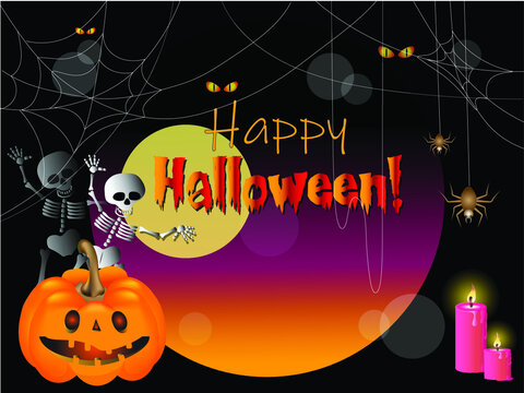 Vector illustration with the image of pumpkin, spiders, cobwebs, ghostly skeletons, burning candles on a black background with moon, scary eyes glowing in the dark and inscription Happy Halloween!
