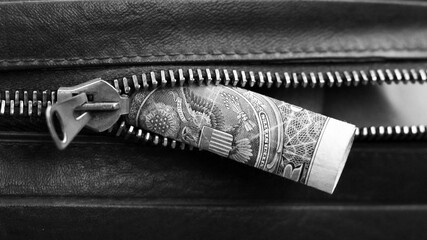 Dollars in a brown leather bag, black and white