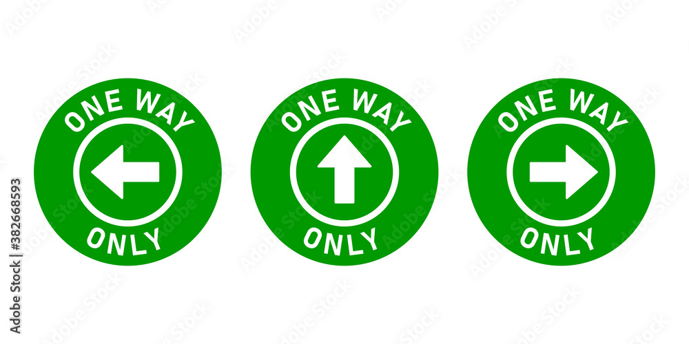 Poster set of one way only round floor marking adhesive sticker icon with direction arrow and text. vector 