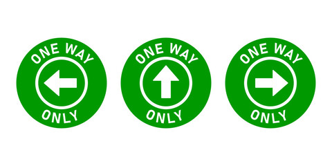 Set of One Way Only Round Floor Marking Adhesive Sticker Icon with Direction Arrow and Text. Vector Image.