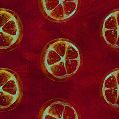 Tropical seamless pattern with grapefruit. Fruit repeating background. Bright raster print for fabric or wallpaper. The picture is made by hand. Design. Grapefruit is painted in oil. Citrus fruit