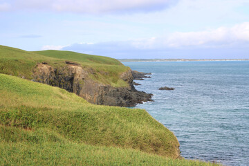 Naklejka premium Coastal view of meadows and Pacific Ocean (Nemuro, Hokkaido, Japan)