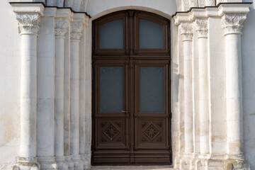 Russian orthodox ancient church entrance door closeup