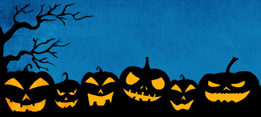 HALLOWEEN background banner template -Silhouette of scary carved luminous cartoon pumpkins and trees isolated in dark blue night