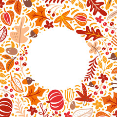 Autumn leaves, berries and pumpkins border frame background with space text. Seasonal floral maple oak tree orange leaves for Thanksgiving Day