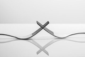 Two forks with reflections on light background, closeup with selective focus - black and white