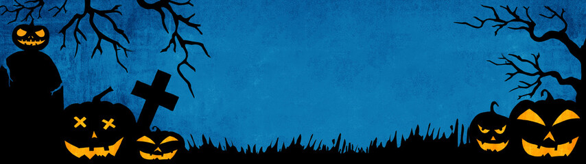 HALLOWEEN background banner wide panoramic panorama template -Silhouette of scary carved luminous cartoon pumpkins, trees and cross isolated on dark blue texture in a cemetery